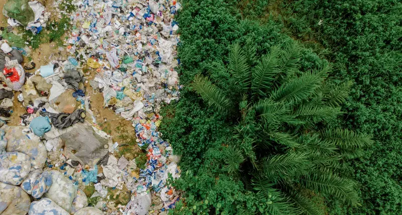 An aerial shot of waste pollution next to vegetation
