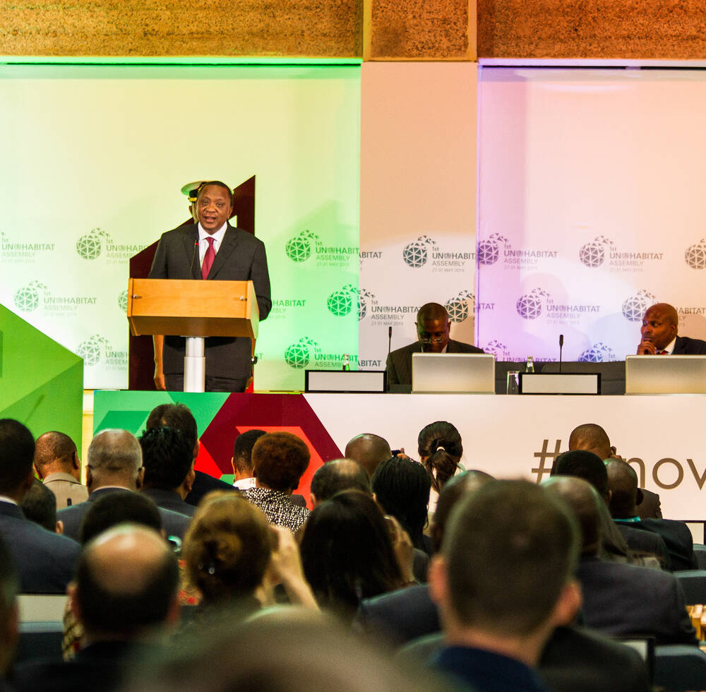 H.E UHURU KENYATTA delivers a speech at the opening of the first UN-Habitat Assembly